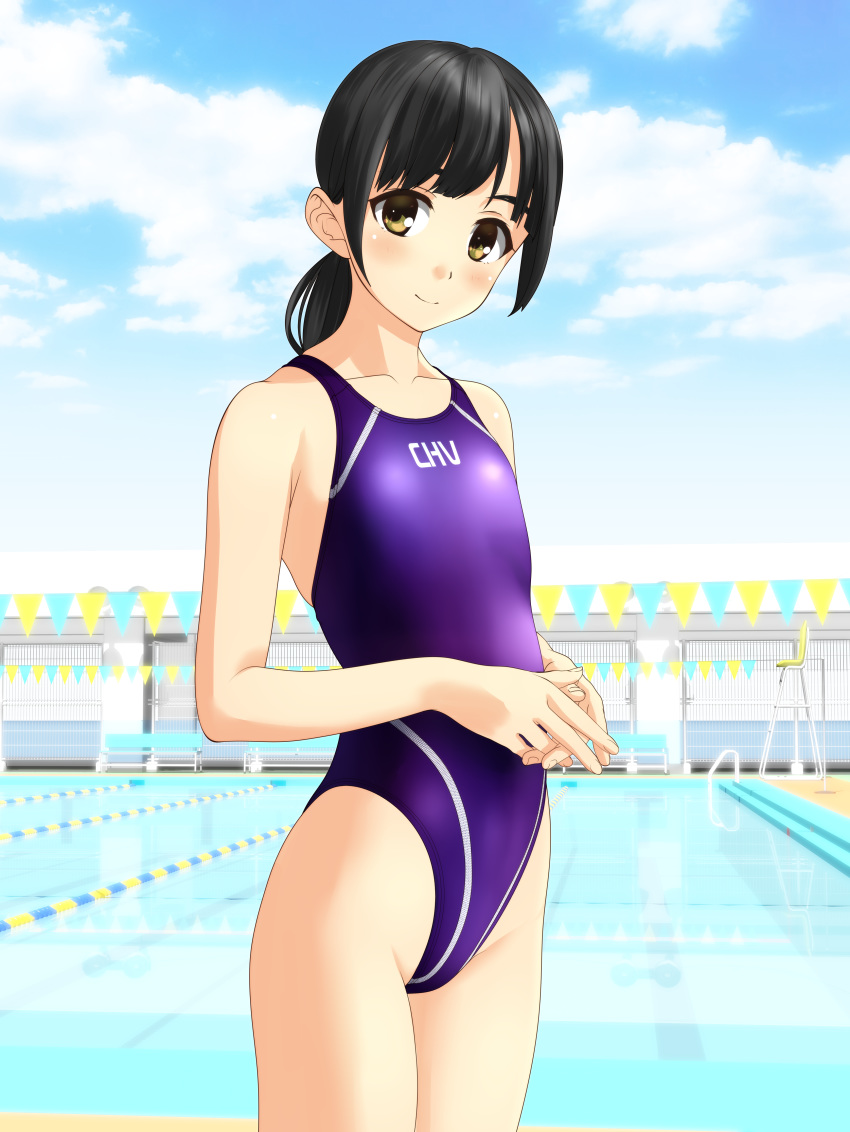 1girl absurdres bench black_hair blue_sky clothes_writing clouds collarbone competition_swimsuit cowboy_shot day fence flat_chest highleg highleg_swimsuit highres long_hair looking_at_viewer low_ponytail one-piece_swimsuit original outdoors ponytail pool purple_swimsuit sky smile solo standing string_of_flags swimsuit takafumi yellow_eyes