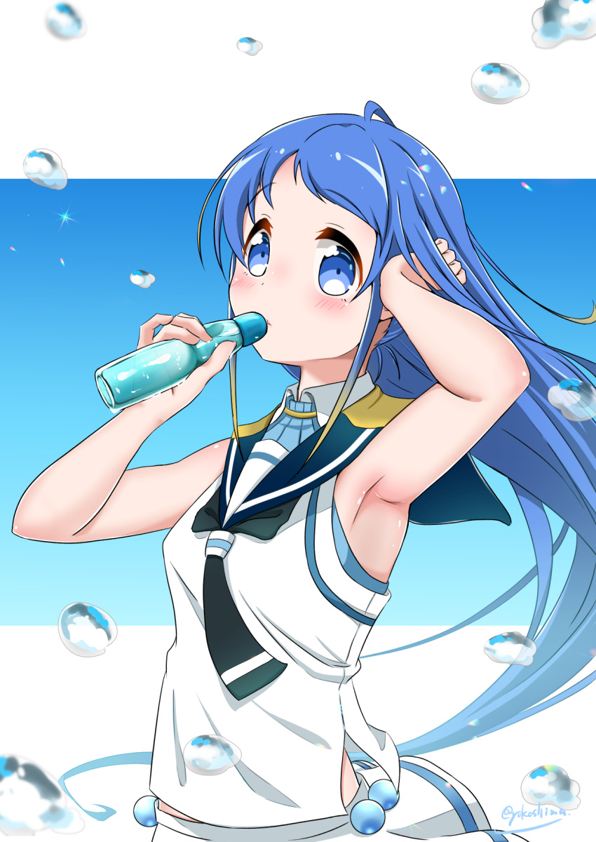 1girl armpits black_neckwear black_sailor_collar blue_eyes blue_hair blush bottle eyebrows_visible_through_hair highres holding holding_bottle kantai_collection long_hair neckerchief sailor_collar samidare_(kantai_collection) school_uniform serafuku sleeveless solo twitter_username upper_body very_long_hair water_drop yokoshima_(euphoria)