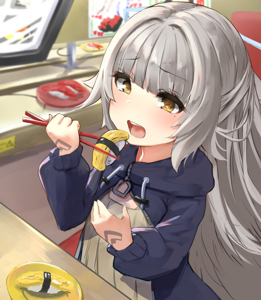 1girl azur_lane bangs black_jacket blurry blurry_background blush brown_dress brown_eyes chopsticks commentary_request conveyor_belt_sushi depth_of_field drawstring dress eyebrows_visible_through_hair food grey_hair hands_up highres holding holding_chopsticks indoors isobe_eiji jacket long_hair long_sleeves looking_away mole mole_under_eye open_clothes open_jacket open_mouth plate puffy_long_sleeves puffy_sleeves sidelocks solo sushi upper_body upper_teeth very_long_hair z46_(azur_lane)