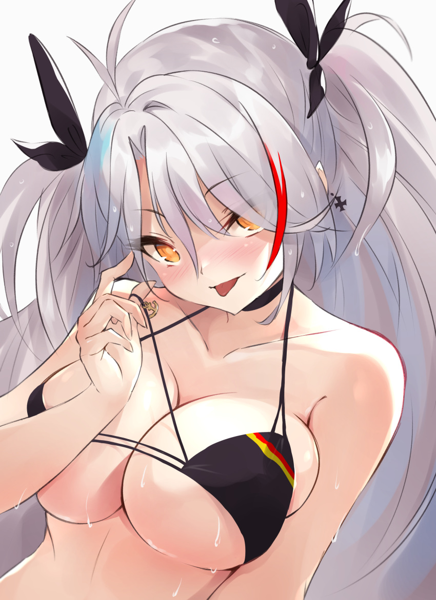 absurdres antenna_hair azur_lane bangs bikini bikini_tug black_bikini black_choker black_ribbon choker cross cross_earrings deal_with_it diieru earrings flag_print german_flag german_flag_bikini highres jewelry multicolored_hair prinz_eugen_(azur_lane) prinz_eugen_(unfading_smile)_(azur_lane) redhead ribbon side-tie_bikini silver_hair streaked_hair swept_bangs swimsuit two_side_up