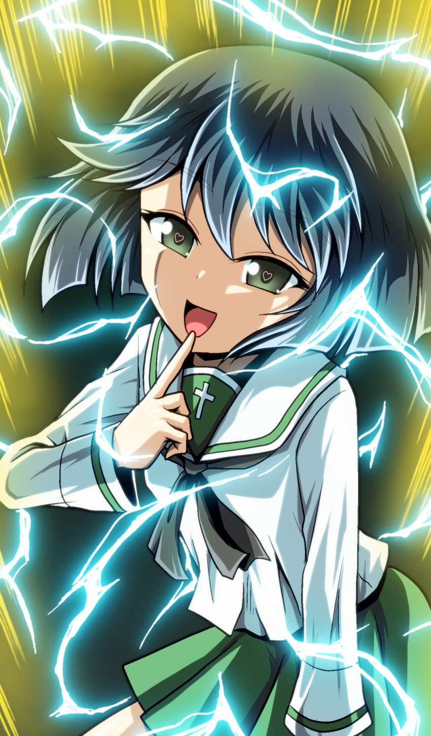 1girl absurdres aura bangs black_eyes black_hair black_neckwear blouse bob_cut commentary dragon_ball dragon_ball_z electricity eyebrows_visible_through_hair finger_to_mouth girls_und_panzer green_skirt heart heart-shaped_pupils highres kamishima_kanon long_hair long_sleeves looking_at_viewer miniskirt neckerchief ooarai_school_uniform open_mouth pleated_skirt sailor_collar school_uniform serafuku short_hair skirt smirk solo standing super_saiyan super_saiyan_2 symbol-shaped_pupils utsugi_yuuki white_blouse white_sailor_collar