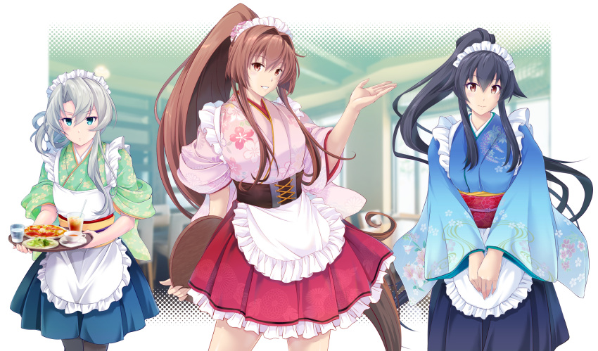 3girls alternate_costume apron asymmetrical_hair bangs black_hair black_legwear blue_hakama blue_kimono blush breasts brown_hair cherry_blossoms commentary_request cup dress eyebrows_visible_through_hair feet_out_of_frame flipped_hair floral_print flower food frilled_apron frilled_skirt frills glass green_eyes green_kimono hair_between_eyes hair_flower hair_ornament hakama hakama_skirt high_ponytail highres holding holding_tray japanese_clothes kantai_collection kimono lamp large_breasts leaning_forward long_hair looking_at_viewer looking_to_the_side maid_apron maid_day maid_headdress map_(blue_catty) multiple_girls nowaki_(kantai_collection) obi pantyhose pink_kimono ponytail print_kimono red_eyes sash sidelocks silver_hair skirt smile standing swept_bangs teacup teeth tray very_long_hair wa_maid waitress white_apron wide_sleeves yahagi_(kantai_collection) yamato_(kantai_collection)