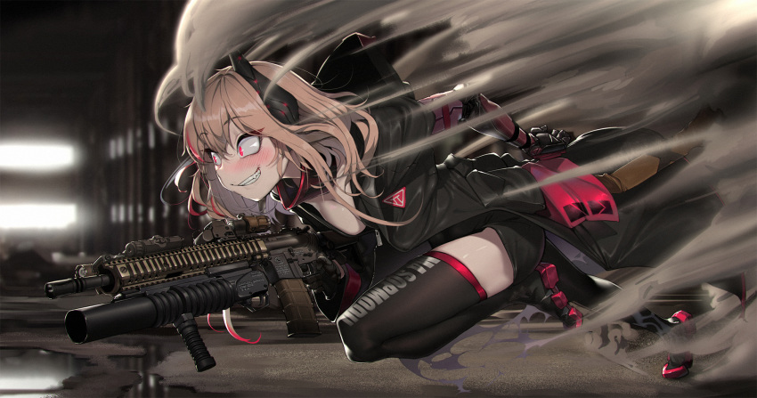 1girl girls_frontline gun hair_ornament headphones highres holding holding_gun holding_weapon jacket m4_sopmod_ii_(girls_frontline) multicolored_hair prosthesis prosthetic_arm red_eyes sd_bigpie smile solo streaked_hair thigh-highs weapon