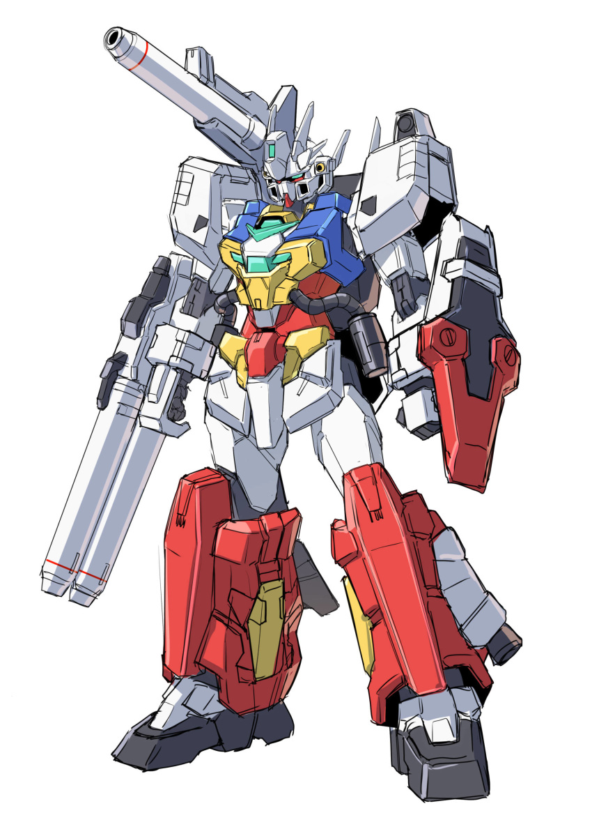 absurdres aqua_eyes clenched_hands core_gundam_ii crossover fusion gun gundam gundam_build_divers gundam_build_divers_re:rise highres holding holding_gun holding_shield holding_weapon mecha no_humans perfect_gundam plamo_kyoshiro shield solo standing sukekiyo56 weapon white_background