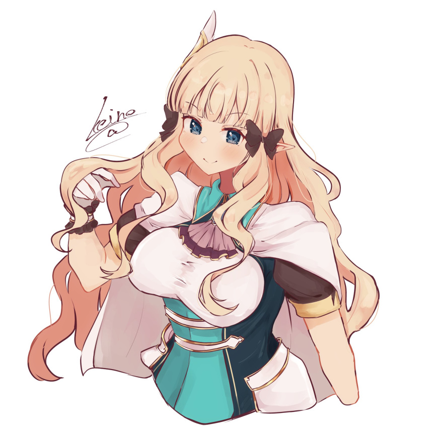 1girl bangs black_bow blonde_hair blue_eyes blush bow breasts elf eyebrows_visible_through_hair flower hair_bow hair_flower hair_ornament highres keinesandayoooo large_breasts long_hair pointy_ears princess_connect! princess_connect!_re:dive saren_(princess_connect!) smile solo