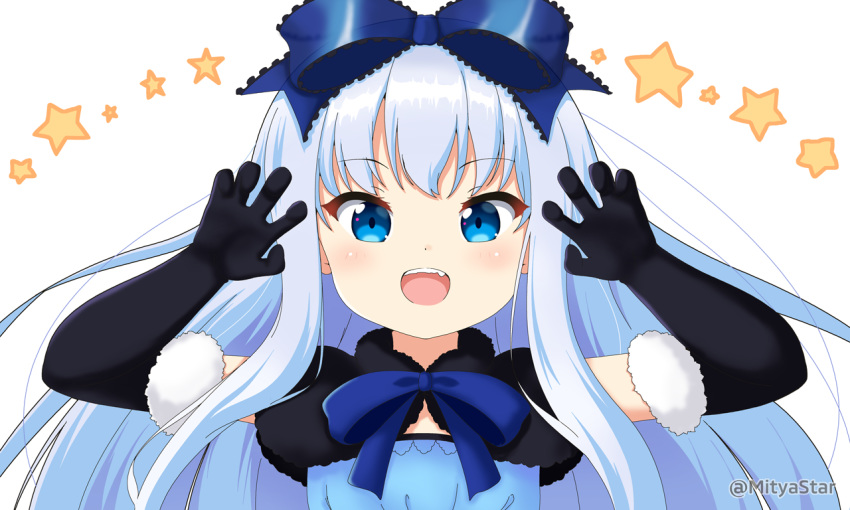 1girl :d bangs black_gloves blue_bow blue_dress blue_eyes blue_hair blush bow character_request claw_pose commentary_request dress elbow_gloves eyebrows_visible_through_hair fang fur-trimmed_gloves fur_trim gloves hair_bow hands_up long_hair microsoft miicha open_mouth see-through silverlight simple_background smile solo star_(symbol) twitter_username upper_body upper_teeth white_background