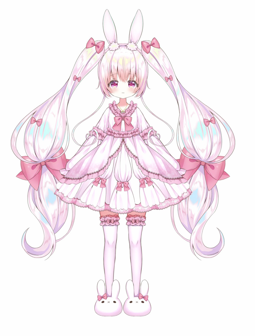 1girl animal_ear_fluff animal_ears artist_request bow character_request commentary_request copyright_request dress full_body highres long_hair pink_dress pink_eyes pink_hair rabbit_ears ribbon simple_background slippers solo thigh-highs twintails very_long_hair virtual_youtuber white_background white_footwear white_legwear