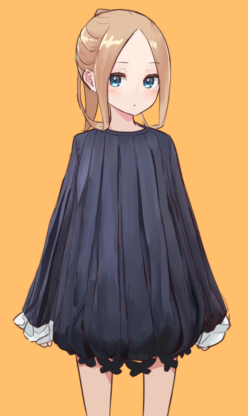 1girl abigail_williams_(fate/grand_order) absurdres bangs black_dress blonde_hair blue_eyes blush closed_mouth commentary_request dress fate/grand_order fate_(series) forehead highres kopaka_(karda_nui) long_hair long_sleeves looking_at_viewer orange_background parted_bangs ponytail ribbed_dress simple_background sleeves_past_wrists solo standing