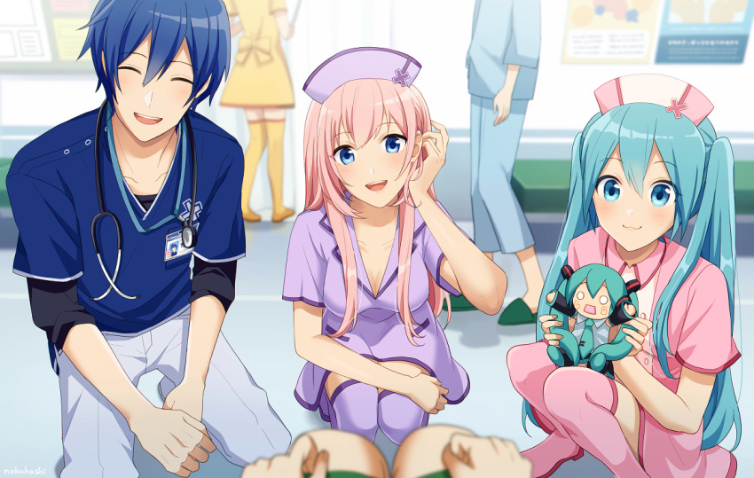 adjusting_hair aqua_eyes aqua_hair aqua_neckwear badge black_sleeves blue_eyes blue_hair blue_shirt blush_stickers character_doll closed_eyes detached_sleeves doctor dress grey_shirt hachune_miku hand_in_hair hands_on_own_knees hat hatsune_miku hospital hospital_gown kaito long_hair looking_at_viewer megurine_luka necktie nokuhashi nurse nurse_cap open_mouth pink_dress pink_hair pink_legwear pov purple_dress purple_legwear shirt short_sleeves sitting sleeveless sleeveless_shirt smile solid_circle_eyes squatting stethoscope thigh-highs twintails very_long_hair vocaloid yellow_dress