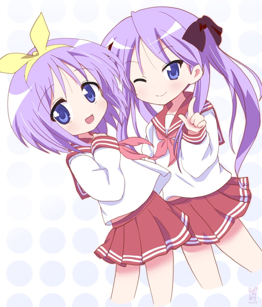 2girls :d bangs blue_eyes blush closed_mouth commentary_request dated eyebrows_visible_through_hair hairband highres hiiragi_kagami hiiragi_tsukasa long_hair long_sleeves looking_at_viewer lucky_star multiple_girls one_eye_closed open_mouth pleated_skirt purple_hair red_sailor_collar red_skirt sailor_collar shirt siblings sisters skirt smile tongue yellow_hairband yuu2