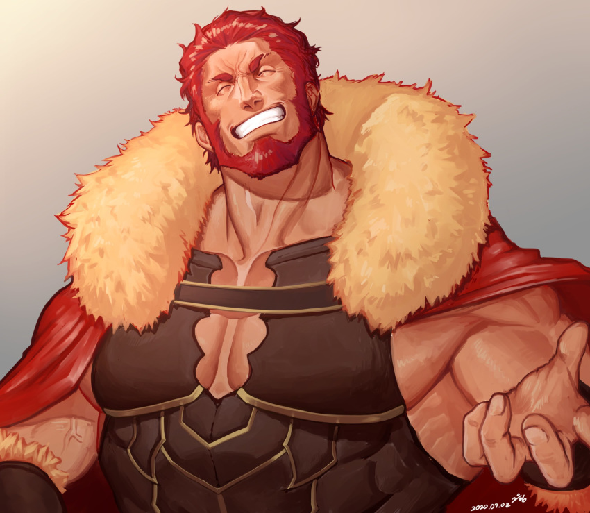1boy armor bara beard cape chest cleavage_cutout closed_eyes facial_hair facing_viewer fate/grand_order fate/zero fate_(series) fur_collar gradient gradient_background highres iskandar_(fate) leather m0m030m male_focus manly muscle pectorals redhead shiny shiny_hair smile solo upper_body veins wrinkles