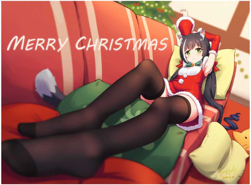 1girl animal_ears armpits arms_up bangs black_hair black_legwear blurry blurry_background blurry_foreground breasts cat_ears cat_tail christmas depth_of_field detached_sleeves fur_trim green_eyes highres indoors karyl_(princess_connect!) langbazi long_hair looking_at_viewer low_twintails lying merry_christmas multicolored_hair panties princess_connect! santa_dress small_breasts solo streaked_hair striped striped_panties tail thigh-highs twintails underwear