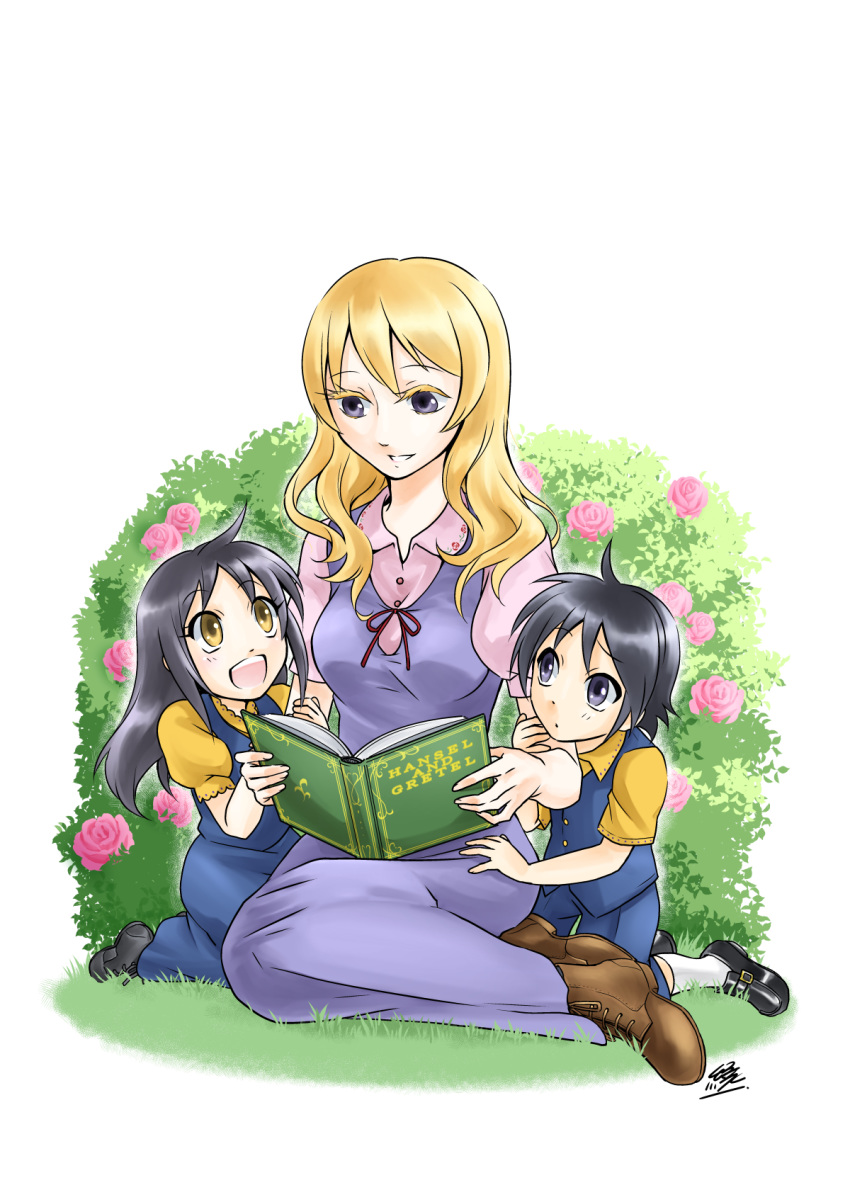 1boy 2girls berl_to_okashi_no_ie black_hair blonde_hair book brother_and_sister child dress enishi_(menkura-rin10) hans_(berl_to_okashi_no_ie) highres long_hair margarete_(berl_to_okashi_no_ie) maria_magdalene_(berl_to_okashi_no_ie) mother_and_daughter mother_and_son multiple_girls necktie reading short_hair siblings smile twins vest violet_eyes yellow_eyes younger