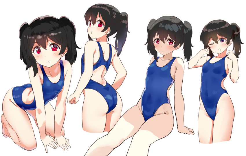 1girl ;o all_fours ass bare_arms bare_shoulders black_hair blue_swimsuit competition_swimsuit cropped_legs highleg highleg_swimsuit kurokawa_makoto long_hair looking_at_viewer love_live! love_live!_school_idol_project multiple_views one-piece_swimsuit one_eye_closed red_eyes simple_background sitting swimsuit twintails white_background yazawa_nico