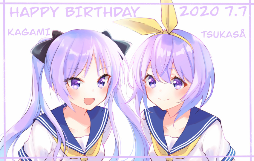2girls :d absurdres bangs blue_sailor_collar blush character_name closed_mouth collarbone commentary_request eyebrows_visible_through_hair eyelashes hairband happy_birthday highres hiiragi_kagami hiiragi_tsukasa inumoto long_hair looking_at_viewer lucky_star multiple_girls open_mouth purple_hair sailor_collar shiny shiny_hair shirt short_sleeves siblings sisters smile tied_hair tongue violet_eyes white_background white_shirt yellow_hairband