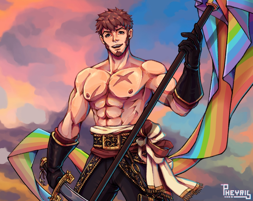 1boy abs alternate_costume alternate_hairstyle alternate_weapon bara beard belt blue_eyes brown_hair chest collar facial_hair fate/grand_order fate_(series) flag goatee historical_connection looking_at_viewer male_focus manly muscle napoleon_bonaparte_(fate/grand_order) nipples pants pectorals pheyris rainbow_flag scar shiny shiny_hair sideburns simple_background smile solo sword topless upper_body weapon