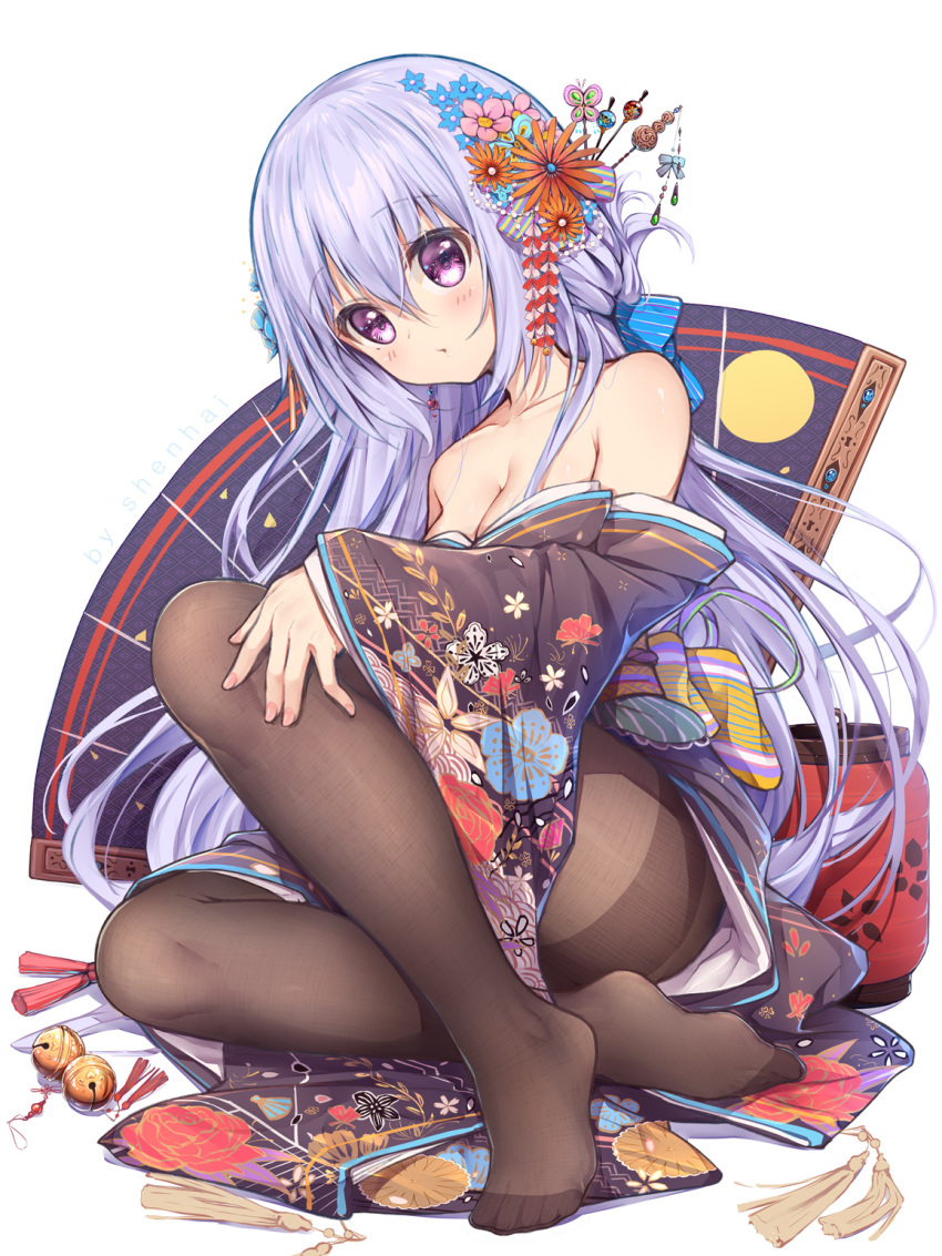 1girl bare_shoulders black_legwear blue_hair breasts feet flower hair_flower hair_ornament hair_ribbon highres japanese_clothes kimono long_hair looking_at_viewer medium_breasts no_shoes original pantyhose ribbon shenhai_(2556146833) violet_eyes