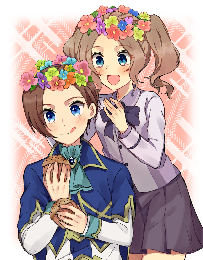 1boy 1girl :d :q ascot blouse blue_eyes blue_jacket blue_neckwear bow bowtie brooch brother_and_sister brown_hair collared_blouse commentary_request food genderswap genderswap_(ftm) genderswap_(mtf) haruta_(haru_chi) head_wreath highres holding holding_food jacket jewelry katarina_claes keith_claes light_brown_hair long_sleeves looking_at_another medium_hair miniskirt muffin open_mouth otome_game_no_hametsu_flag_shika_nai_akuyaku_reijou_ni_tensei_shite_shimatta pleated_skirt purple_blouse purple_neckwear purple_skirt short_hair siblings sitting skirt smile standing step-siblings tongue tongue_out twintails