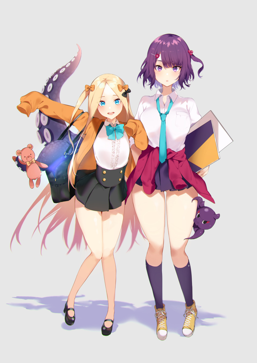 2girls abigail_williams_(fate/grand_order) absurdres bangs black_bow blonde_hair blue_eyes blush bow breasts contemporary fate/grand_order fate_(series) forehead hair_bow highres iriehana katsushika_hokusai_(fate/grand_order) large_breasts long_hair long_sleeves looking_at_viewer multiple_bows multiple_girls open_mouth orange_bow parted_bangs purple_hair simple_background skirt sleeves_past_fingers sleeves_past_wrists small_breasts smile stuffed_animal stuffed_toy teddy_bear violet_eyes