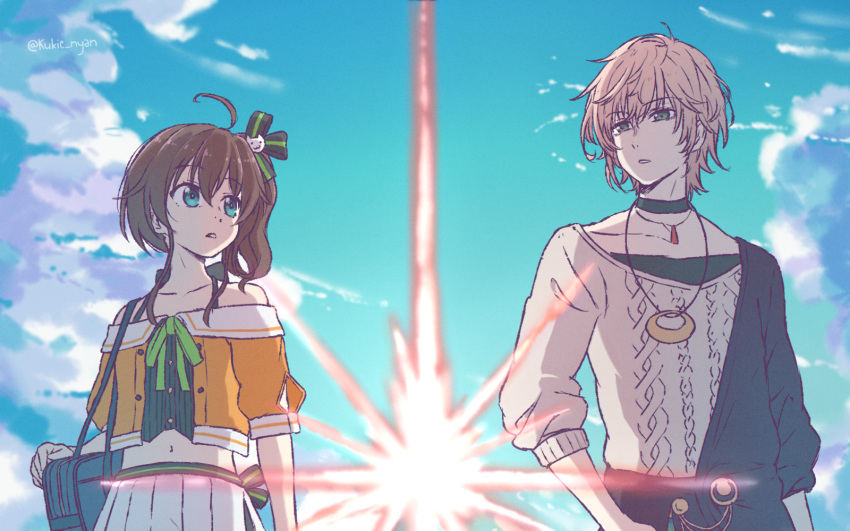 1boy 1girl ahoge aqua_eyes arm_at_side bag bangs bare_shoulders black_choker blue_sky brown_hair cat_hair_ornament choker clouds cloudy_sky collarbone crop_top eyebrows_visible_through_hair green_eyes hair_between_eyes hair_ornament handbag highres hololive holostars jacket jewelry kimi_no_na_wa. kukie-nyan long_hair looking_at_another midriff mixed-language_commentary natsuiro_matsuri navel necklace off-shoulder_jacket open_mouth outdoors pants pink_hair pleated_skirt rikka_(holostars) shirt short_hair side_ponytail skirt sky standing sweater teeth upper_body virtual_youtuber white_shirt white_skirt yellow_jacket
