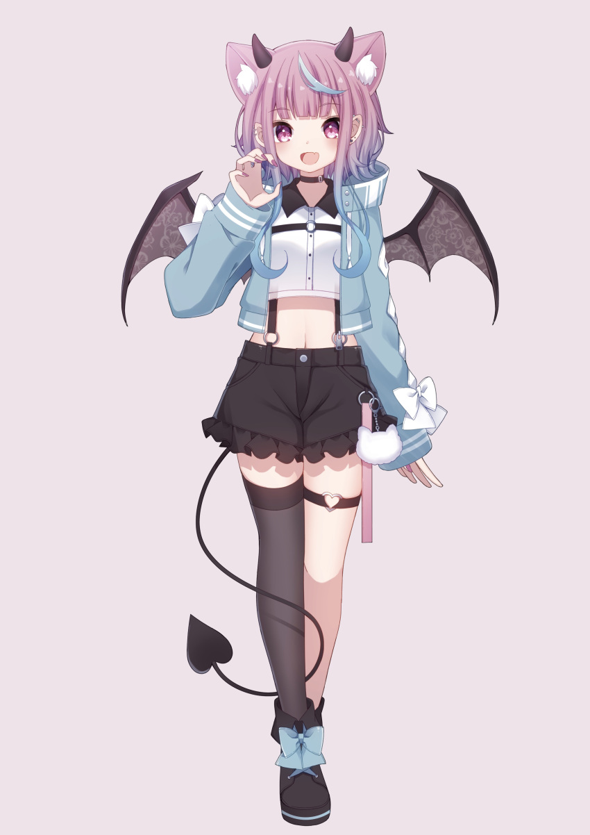 1girl :d absurdres animal_ears bat_ears bat_wings black_choker black_footwear black_legwear black_shorts blue_jacket choker collared_shirt crop_top demon_horns demon_tail frills full_body hand_up high-waist_shorts highres horns iriam jacket long_hair looking_at_viewer midriff multicolored_hair navel official_art open_clothes open_jacket open_mouth pink_hair sakuma_miku sapphire_(sapphire25252) shirt shoes short_shorts shorts single_thighhigh smile solo standing streaked_hair suspenders tail thigh-highs thigh_strap virtual_youtuber white_shirt wings