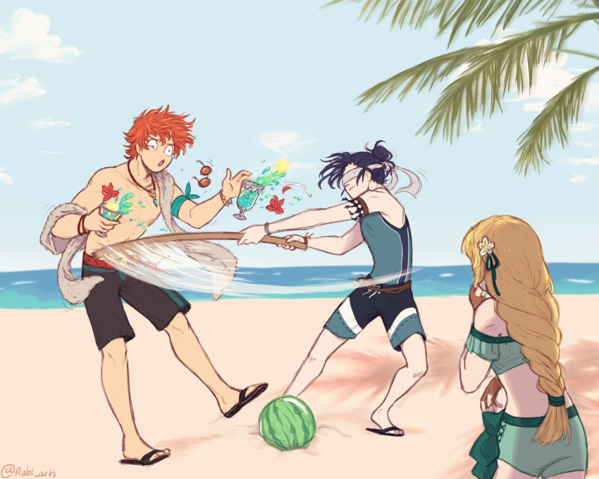 1girl 2boys beach black_hair blindfold blonde_hair blue_sky brown_gloves closed_mouth clouds cup day drinking_straw felix_hugo_fraldarius fingerless_gloves fire_emblem fire_emblem:_three_houses fire_emblem_heroes flower food from_behind fruit glass gloves hair_flower hair_ornament highres holding holding_cup ingrid_brandl_galatea jewelry long_hair multiple_boys necklace open_mouth outdoors redhead rubi_arts sandals short_hair sky sunglasses swimsuit sylvain_jose_gautier twitter_username water watermelon
