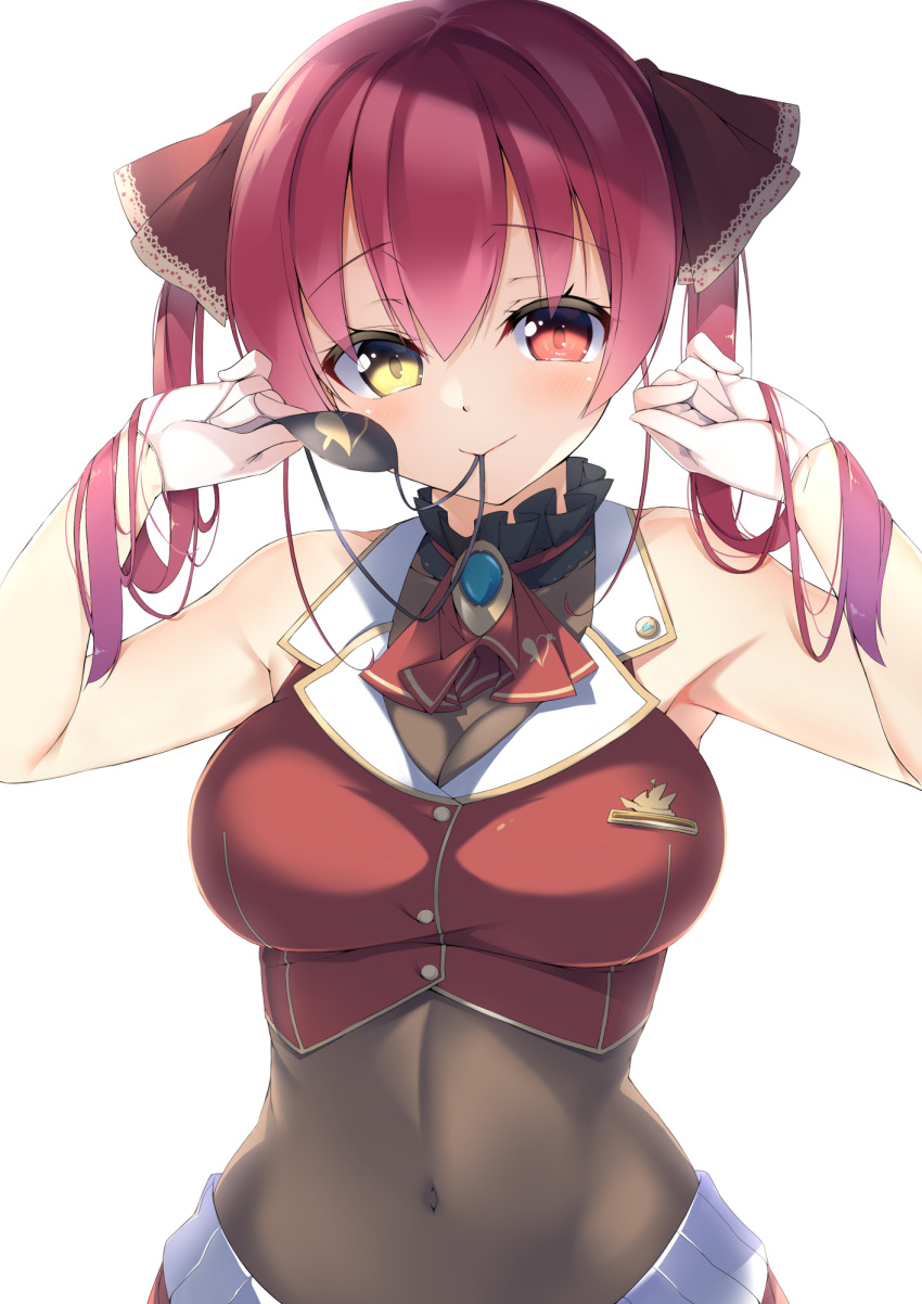 1girl ascot bare_shoulders blush breasts brooch closed_mouth commentary_request covered_navel eyepatch eyepatch_removed hair_ribbon heterochromia highres holding holding_eyepatch hololive houshou_marine jewelry large_breasts long_hair looking_at_viewer mouth_hold red_eyes red_neckwear red_ribbon red_shirt redhead ribbon sasakura shirt simple_background sleeveless sleeveless_shirt smile solo twintails upper_body virtual_youtuber white_background yellow_eyes