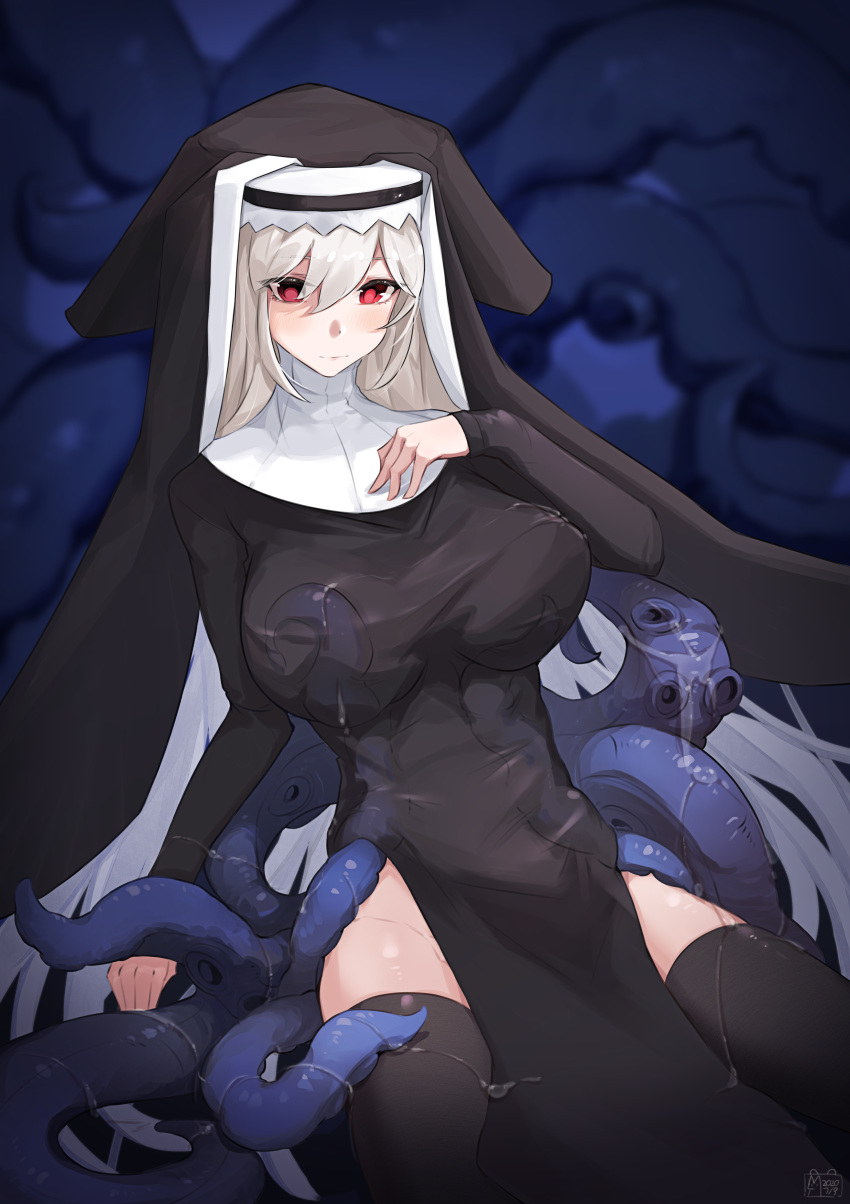 1girl absurdres arknights black_dress black_legwear breasts dress expressionless habit hair_between_eyes hand_on_own_chest highres large_breasts long_hair niaogao no_panties red_eyes silver_hair sitting sleeves_past_wrists solo specter_(arknights) tentacles tentacles_under_clothes thigh-highs very_long_hair wariza