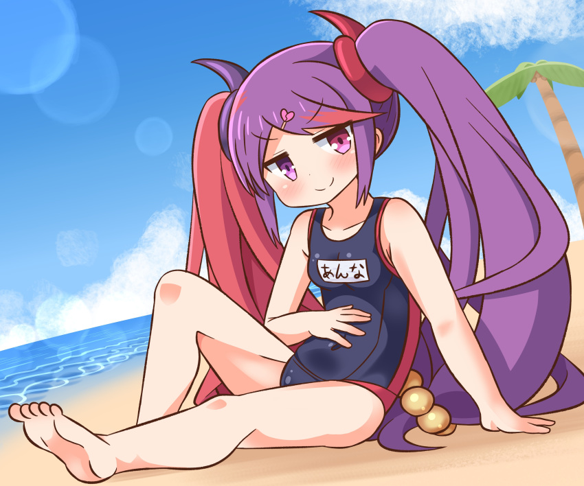 1girl absurdres bare_arms bare_legs bare_shoulders barefoot beach blue_sky blue_swimsuit blush breasts broken_heart closed_mouth clouds commentary_request covered_navel day hair_ornament hairclip hana_kazari heart heart_hair_ornament highres horizon knee_up long_hair misaki_(princess_connect!) multicolored_hair name_tag ocean old_school_swimsuit outdoors princess_connect! princess_connect!_re:dive purple_hair redhead sand school_swimsuit sitting sky small_breasts smile soles solo swimsuit twintails two-tone_hair very_long_hair violet_eyes water