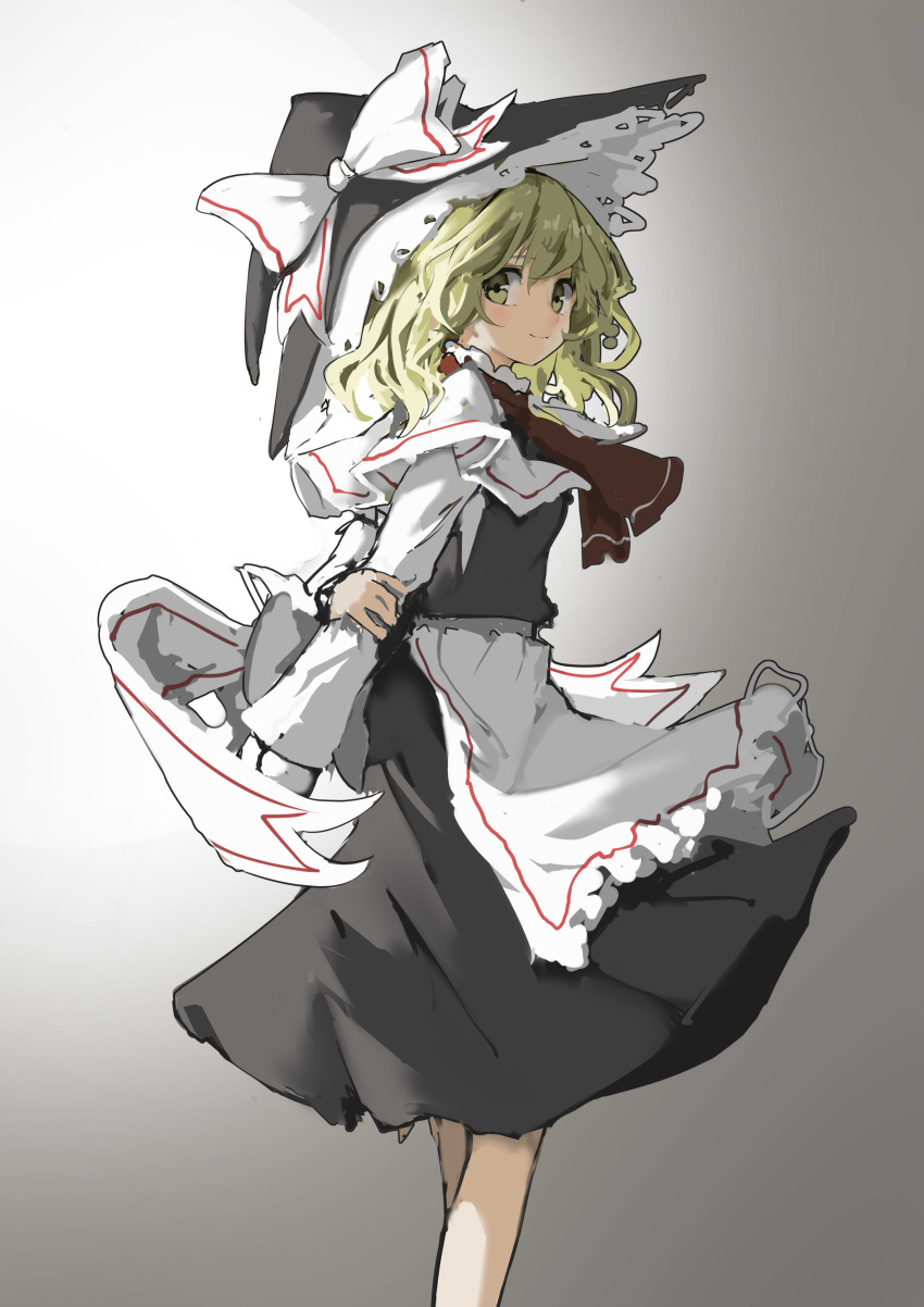 1girl absurdres apron arms_behind_back black_dress black_headwear blonde_hair blush bow capelet closed_mouth dress feet_out_of_frame frilled_dress frills gradient gradient_background grey_background hand_on_own_arm hat hat_bow highres kirisame_marisa long_sleeves looking_at_viewer looking_to_the_side medium_hair perfect_cherry_blossom red_neckwear red_scarf sancking_(fatekl) sash scarf smile solo touhou waist_apron white_apron white_background white_bow white_sash witch_hat yellow_eyes