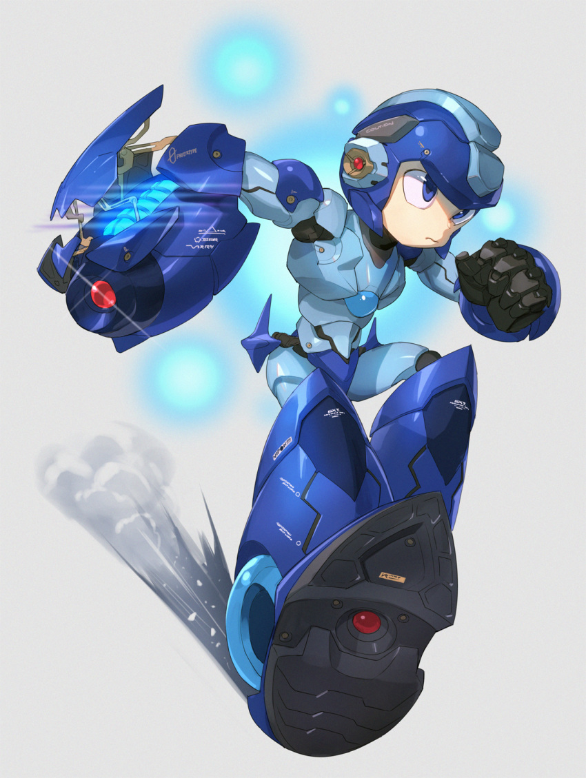 1boy android blue_eyes blue_helmet blue_theme cannon closed_mouth dust glint grey_background helmet highres lens_flare male_focus mhk_(mechamania) rockman running simple_background solo weapon