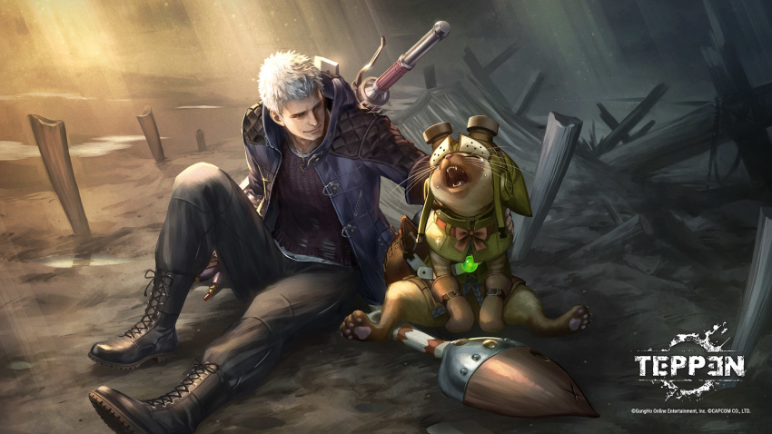 1boy 1other boots capcom company_connection copyright copyright_name crossover crying devil_may_cry devil_may_cry_5 fangs felyne hand_on_another's_shoulder highres jacket monster_hunter monster_hunter:_world nero_(devil_may_cry) official_art open_mouth red_queen_(sword) short_hair silver_hair sitting smile teppen weapon weapon_on_back whiskers