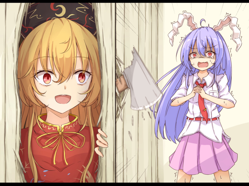 2girls :d animal_ears axe belt blonde_hair bunny_girl commentary_request crazy_eyes crazy_smile dress hair_between_eyes hands_on_own_chest hands_together hat here's_johnny! highres hole_in_wall junko_(touhou) lavender_hair long_hair meme multiple_girls necktie neko_mata open_mouth orange_eyes orange_hair panels parody pink_skirt pleated_skirt purple_hair rabbit_ears red_belt red_dress red_eyes red_neckwear reisen_udongein_inaba scared shaded_face shirt skirt smile surprised sweat tears touhou trembling upper_teeth very_long_hair white_shirt