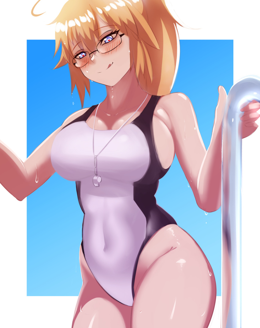 absurdres ahoge bare_shoulders biriyb blue_background breasts fate/grand_order fate_(series) heart heart-shaped_pupils highres jeanne_d'arc_(fate) jeanne_d'arc_(fate)_(all) jeanne_d'arc_(swimsuit_archer) large_breasts naughty_face navel one-piece_swimsuit railing shiny shiny_skin smile swimsuit symbol-shaped_pupils thighs tied_hair tongue tongue_out whistle whistle_around_neck white_swimsuit