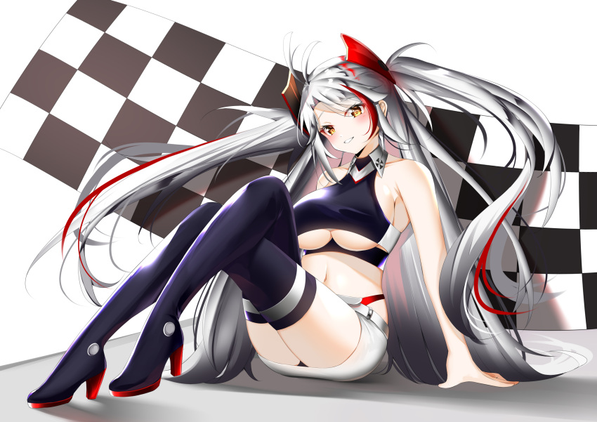 1girl absurdres azur_lane bare_shoulders belt boots breasts cat_(yidsv) checkered checkered_flag clothing_cutout cropped_shirt flag full_body headgear high_heels highres large_breasts long_hair looking_at_viewer official_alternate_costume panties panty_straps prinz_eugen_(azur_lane) prinz_eugen_(final_lap)_(azur_lane) purple_footwear racequeen red_panties redhead silver_hair sitting solo thigh-highs thigh_boots under_boob underboob_cutout underwear very_long_hair white_belt yellow_eyes