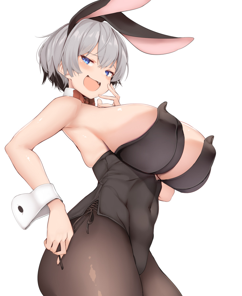 1girl animal_ears bare_shoulders blue_eyes blush bow breasts bunny_girl bunnysuit commentary_request detached_collar fake_animal_ears highres huge_breasts karatakewari leotard looking_at_viewer open_mouth pantyhose rabbit_ears short_hair silver_hair simple_background smile solo uzaki-chan_wa_asobitai! uzaki_hana white_background wrist_cuffs