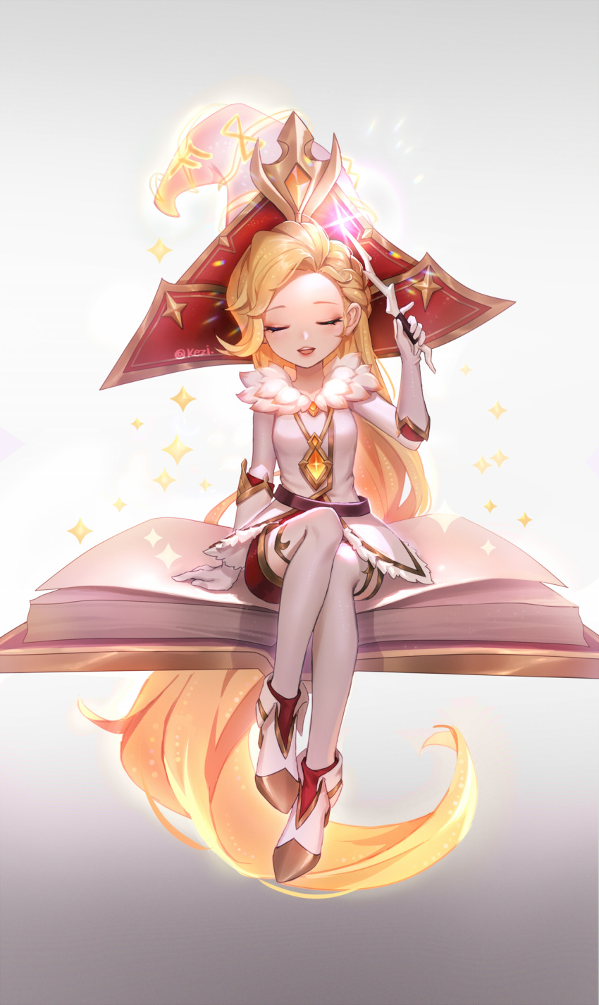 1girl blonde_hair book closed_eyes fur_trim gem giant_book gloves gold_trim hat highres kezi league_of_legends long_hair open_mouth signature simple_background sitting sparkle very_long_hair wand wizard_hat zoe_(league_of_legends)