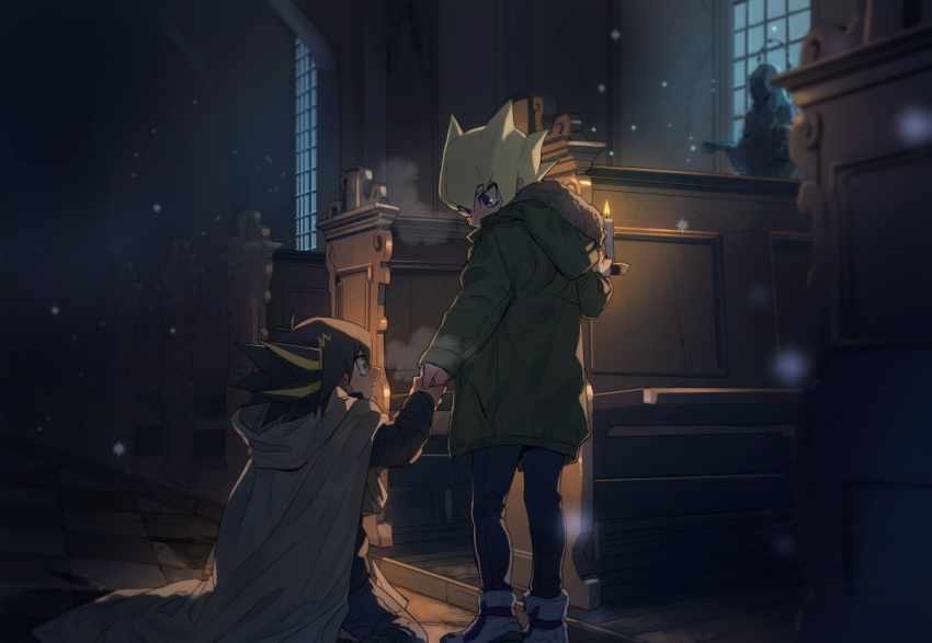 argyle_floor black_pants blonde_hair cape child church coat eye_contact fudou_yuusei green_coat grey_cape highlights holding_candle holding_hands hood hood_down hooded hooded_coat indoors jack_atlas looking_at_another multicolored_hair pants snowing spiky_hair torinomaruyaki violet_eyes younger yuu-gi-ou yuu-gi-ou_5d's