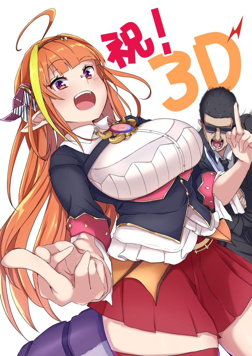 1boy 1girl absurdres ahoge bangs bow breasts commentary_request double_middle_finger dragon_horns dragon_tail eyebrows_visible_through_hair eyelashes highres hololive horn_bow horns kiryuu_coco long_hair looking_at_viewer open_mouth orange_eyes orange_hair pleated_skirt pointy_ears red_skirt shiny shiny_hair skirt tail teeth tongue translation_request virtual_youtuber white_background yagitani_hitsuji
