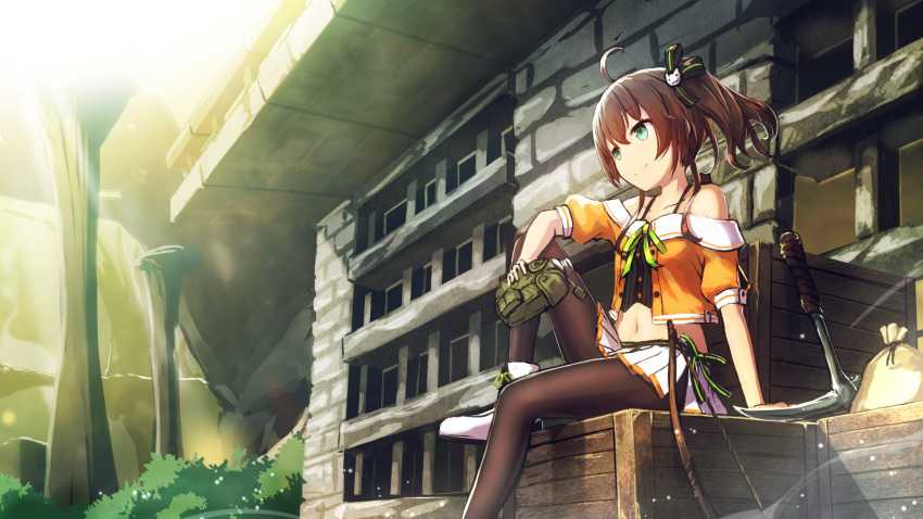 1girl ahoge ark_survival_evolved black_hair brown_hair bush crate green_eyes highres hololive house namako_(namacotan) natsuiro_matsuri pantyhose pickaxe side_ponytail sitting smile solo sunlight tree virtual_youtuber