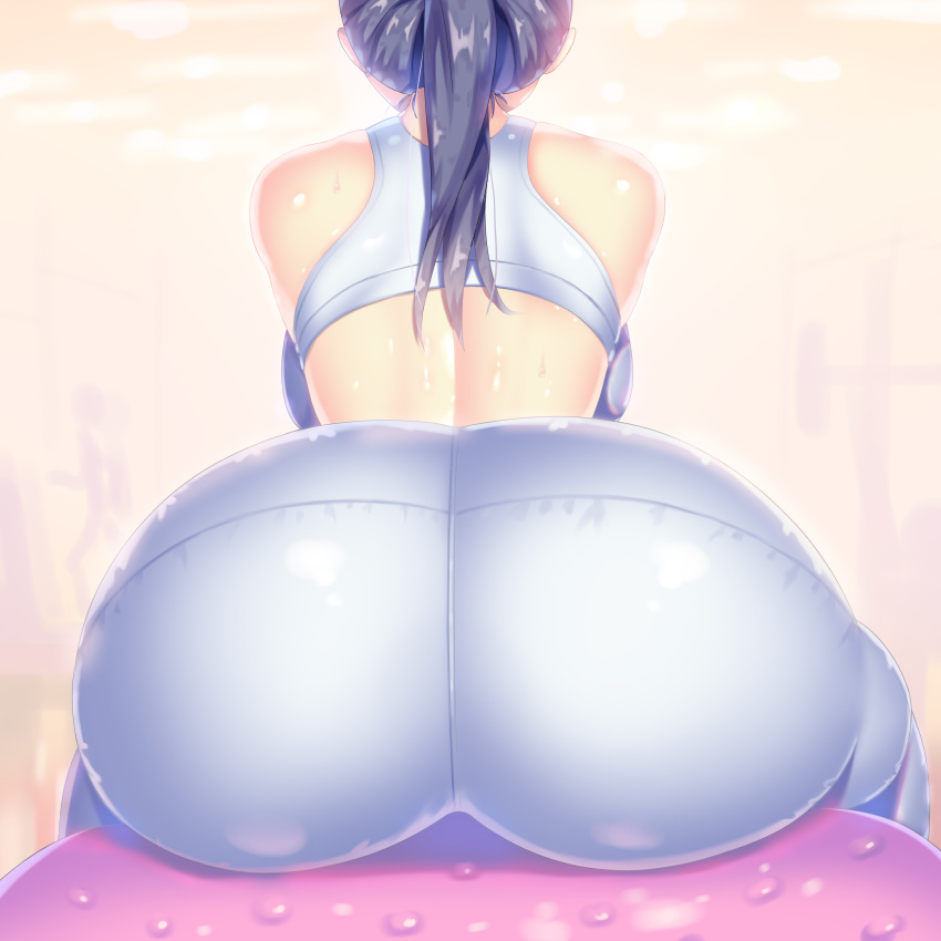 1girl a.x. absurdres ass ball bare_shoulders black_hair exercise_ball facing_away from_behind highres long_hair original pants ponytail shiny shiny_clothes shiny_hair shiny_skin sitting solo sports_bra sweat tight tight_pants yoga_pants
