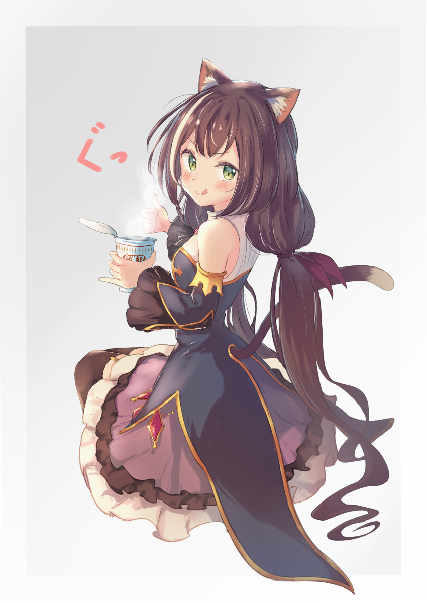 1girl absurdres animal_ears bare_shoulders black_hair blush breasts cat_ears cat_tail chocomoch detached_sleeves food frilled_skirt frills green_eyes grey_background highres holding holding_food karyl_(princess_connect!) looking_at_viewer low_twintails multicolored_hair princess_connect! princess_connect!_re:dive ramen simple_background sitting skirt small_breasts sound_effects streaked_hair tail thigh-highs thumbs_up tongue twintails zettai_ryouiki