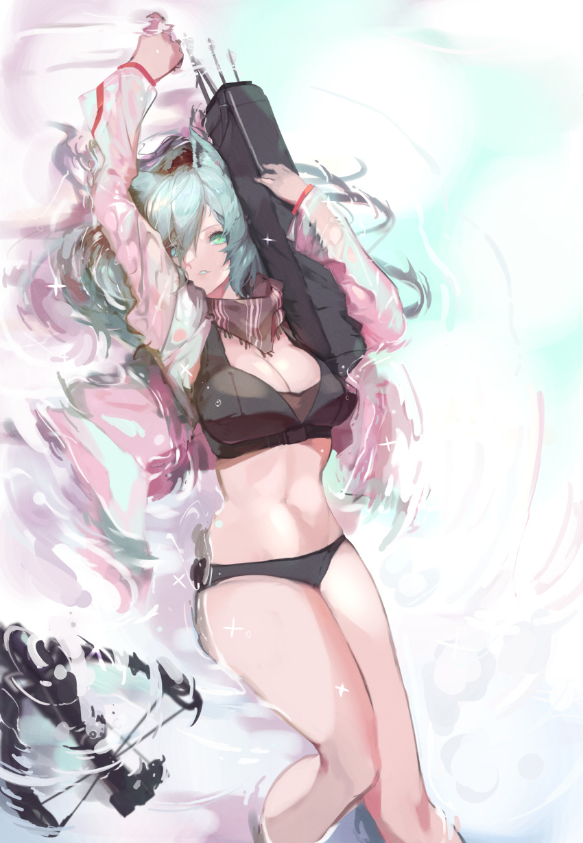 absurdres animal_ears arknights arrow_(projectile) black_swimsuit bow_(weapon) breasts cat_ears commentary crossbow dokuro_deluxe green_eyes hair_between_eyes hands_up highres holding jacket jacket_over_swimsuit large_breasts long_hair long_sleeves looking_at_viewer lying partially_submerged pink_jacket quiver scarf schwarz_(arknights) silver_hair sparkle swimsuit thighs water weapon wet wet_clothes