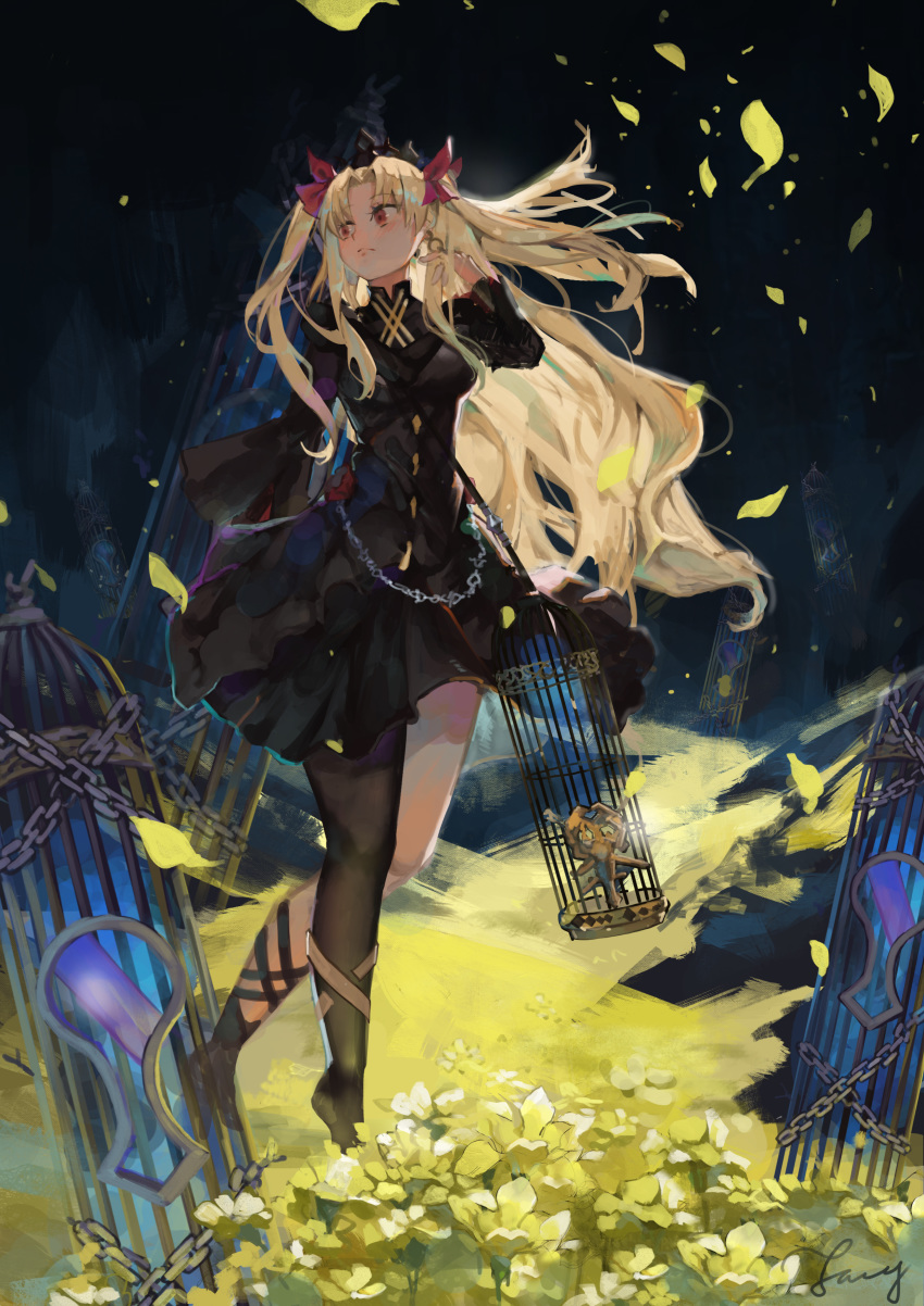 1girl absurdres bangs birdcage black_dress blonde_hair blush bow cage chain crown dress earrings ereshkigal_(fate/grand_order) fang_qiao fate/grand_order fate_(series) floating_hair flower flowing_dress full_body gold_trim hair_ornament highres hoop_earrings jewelry long_hair long_sleeves looking_to_the_side parted_bangs petals red_bow red_eyes solo tiara twintails