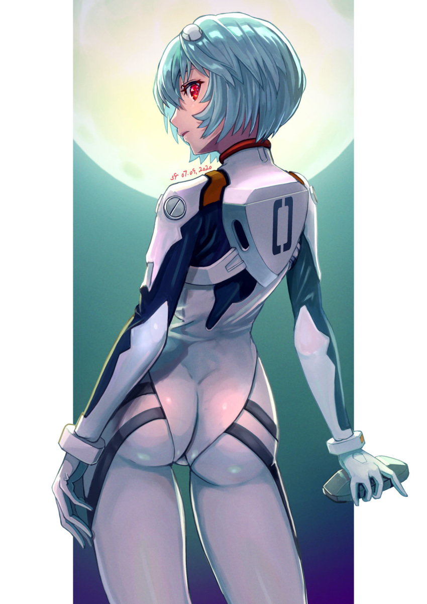 1girl ass ayanami_rei blue_hair bodysuit cowboy_shot from_behind full_moon hairpods highres interface_headset looking_at_viewer looking_back moon neon_genesis_evangelion plugsuit red_eyes short_hair solo standing white_bodysuit yudoufu_(unify)