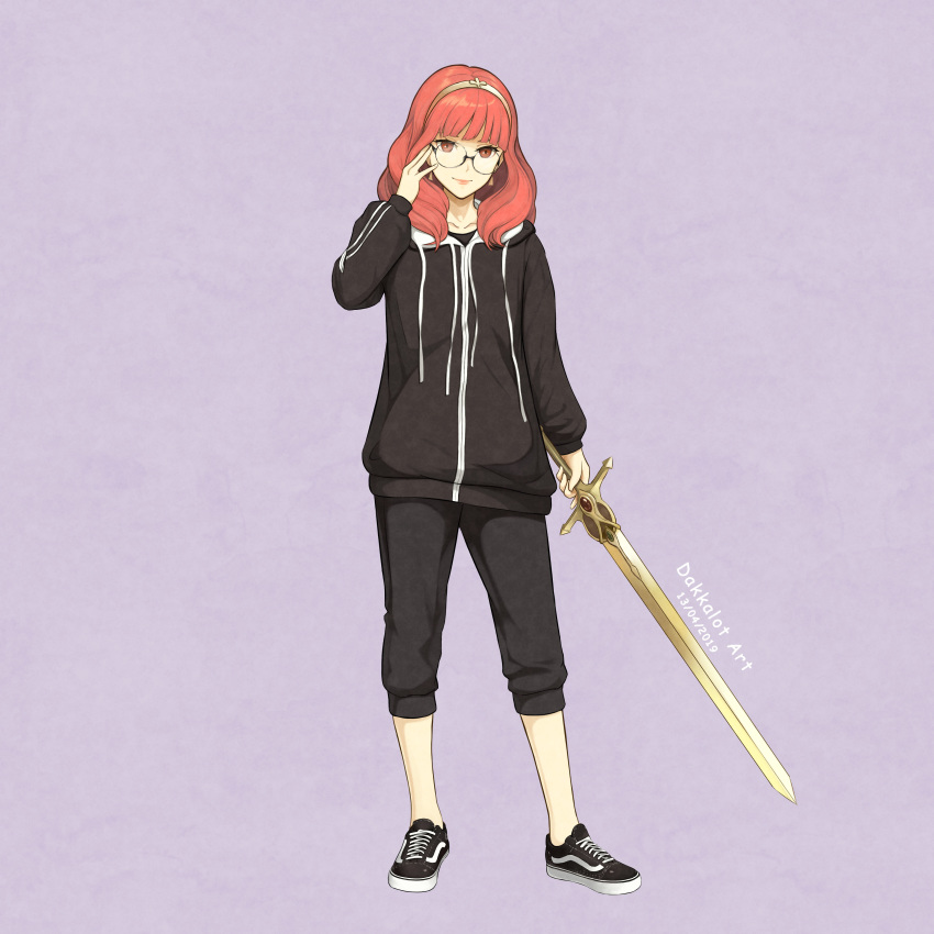 1girl absurdres alternate_costume artist_name bangs black_footwear black_hoodie black_pants celica_(fire_emblem) dakkalot dated earrings english_commentary fire_emblem fire_emblem_echoes:_shadows_of_valentia fire_emblem_heroes glasses gold_hairband hand_on_own_face highres holding holding_sword holding_weapon jewelry looking_at_viewer medium_hair pants red_eyes redhead solo standing sword track_pants vans weapon