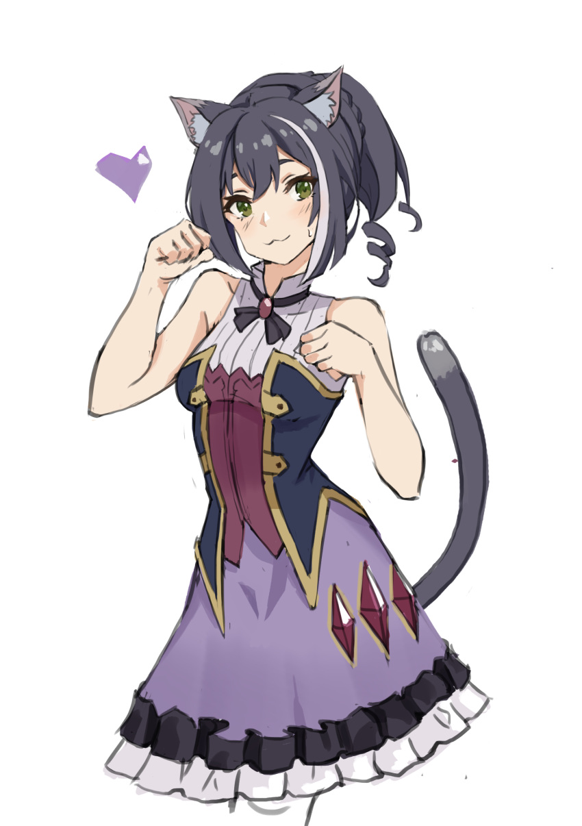 1girl :3 absurdres animal_ear_fluff animal_ears bangs bare_arms bare_shoulders black_hair blush breasts cat_ears cat_girl cat_tail closed_mouth dress drill_hair frilled_dress frills ghost_(kjw5679) green_eyes grey_hair heart highres karyl_(princess_connect!) long_hair looking_at_viewer multicolored multicolored_clothes multicolored_dress multicolored_hair paw_pose ponytail princess_connect! princess_connect!_re:dive sidelocks simple_background sleeveless sleeveless_dress small_breasts smile solo streaked_hair sweat tail white_background