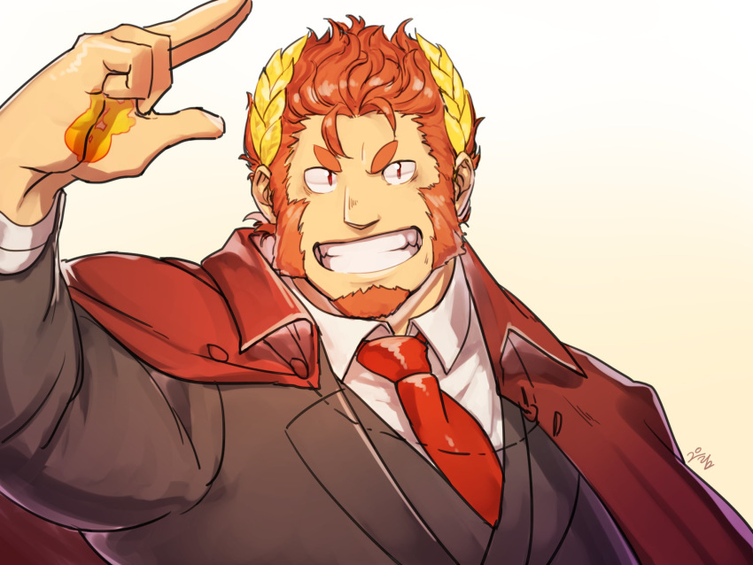 1boy arm_up bara claude_(tokyo_houkago_summoners) collared_shirt facial_hair formal goatee highres jacket jacket_on_shoulders laurel_crown looking_at_viewer m0m030m male_focus necktie orange_eyes orange_hair shiny shiny_hair shirt sideburns smile tokyo_houkago_summoners upper_body