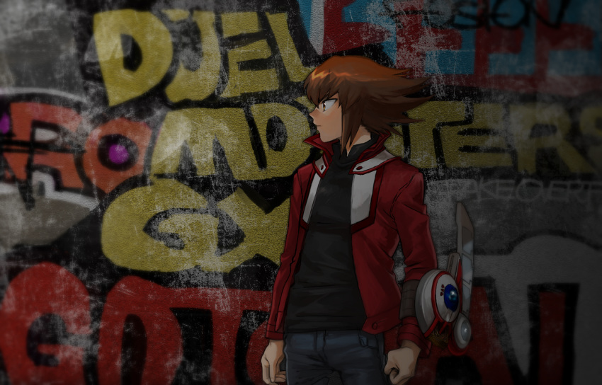 1boy 203wolves bangs black_shirt brown_eyes brown_hair closed_mouth copyright_name cowboy_shot duel_disk grey_pants hair_between_eyes jacket long_sleeves male_focus multicolored_hair open_clothes open_jacket pants profile red_jacket shiny shiny_hair shirt solo spiky_hair standing two-tone_hair yuu-gi-ou yuu-gi-ou_gx yuuki_juudai