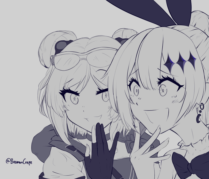 2girls bramoncrepe choker five-seven_(girls_frontline) girls_frontline highres kimoi_girls laughing long_hair monochrome multiple_girls p90_(girls_frontline) short_hair